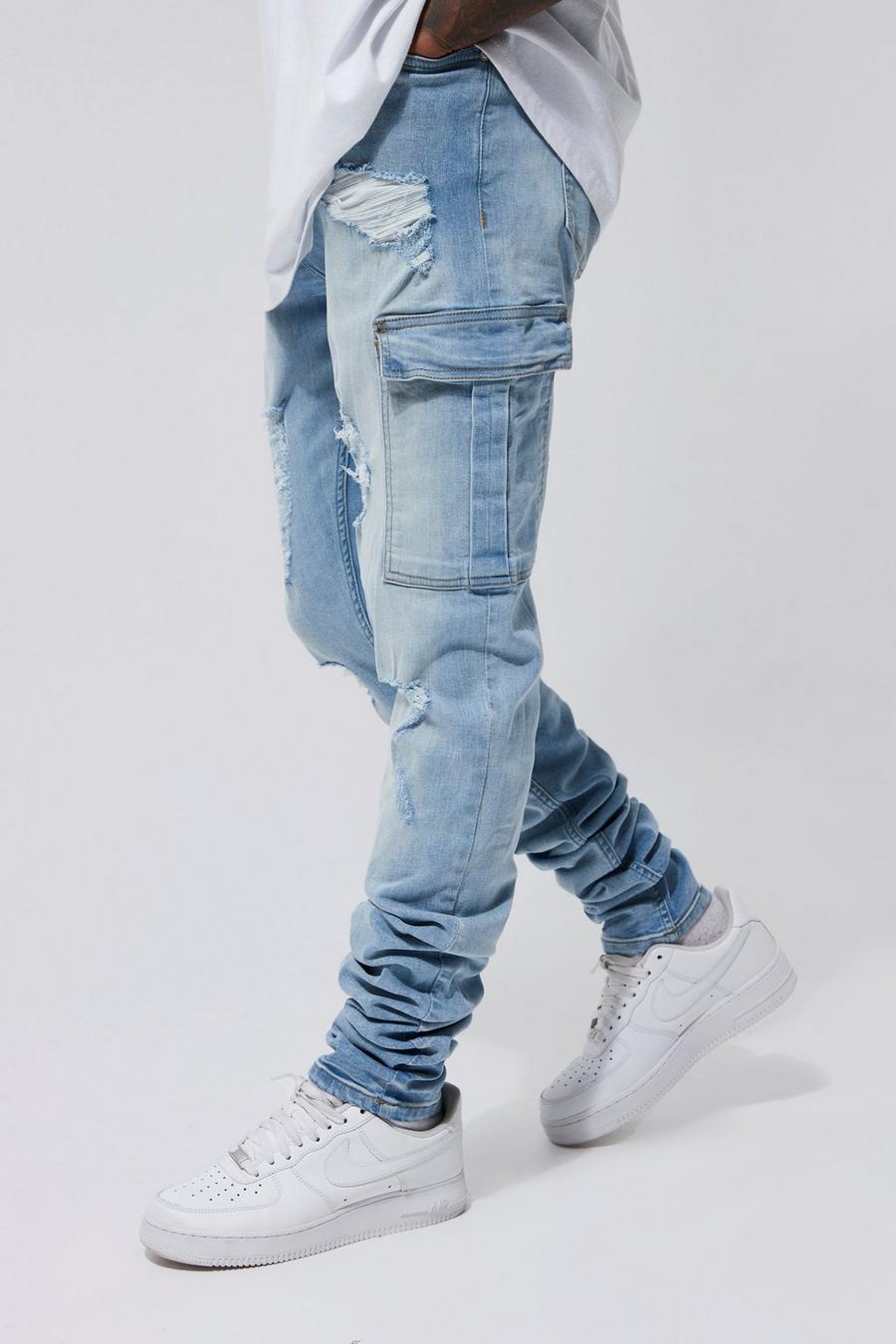 Ice blue Tall Skinny Rip & Repair Biker Cargo Stacked Jeans