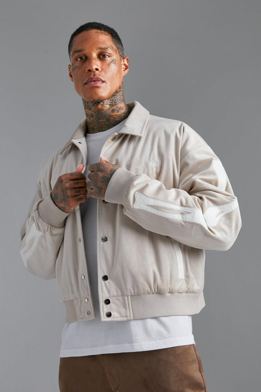 Ecru white Boxy Fit Skeleton Applique Varsity Jacket