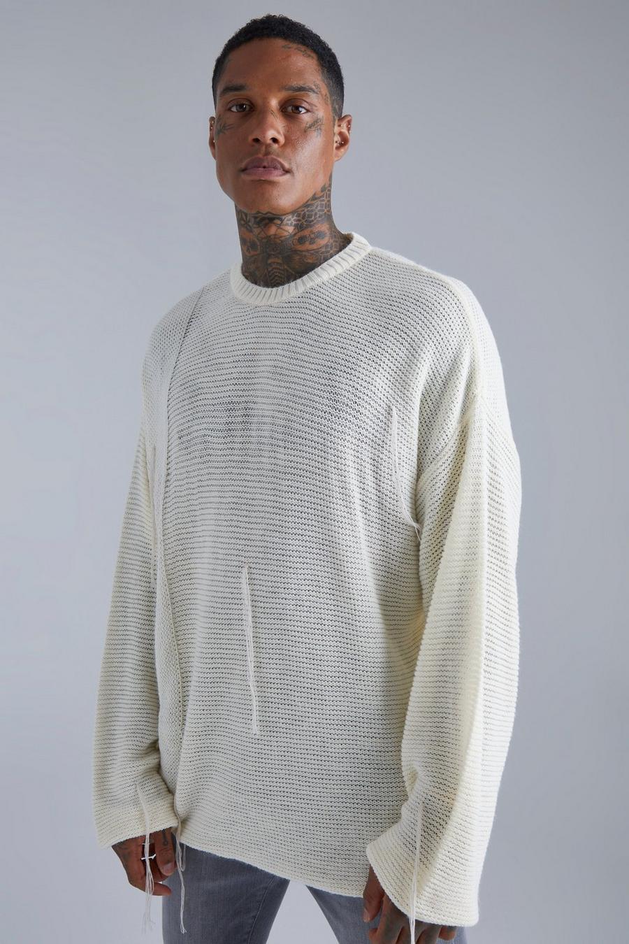 Pullover oversize in maglia traforata con fili sparsi, Ecru white image number 1