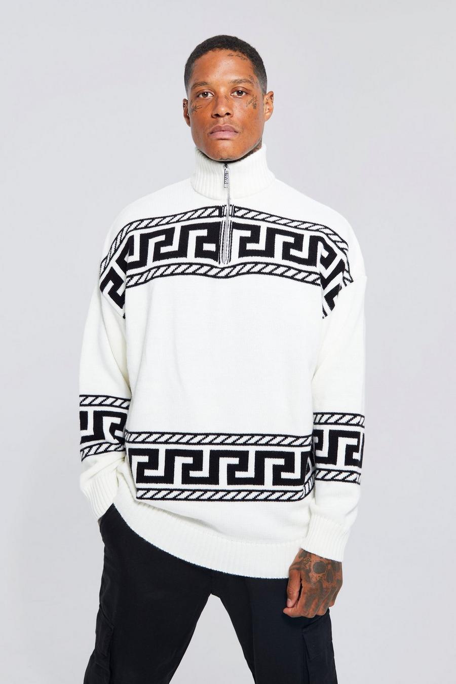 Ecru bianco Intarsia Placement Knitted Funnel Neck  image number 1