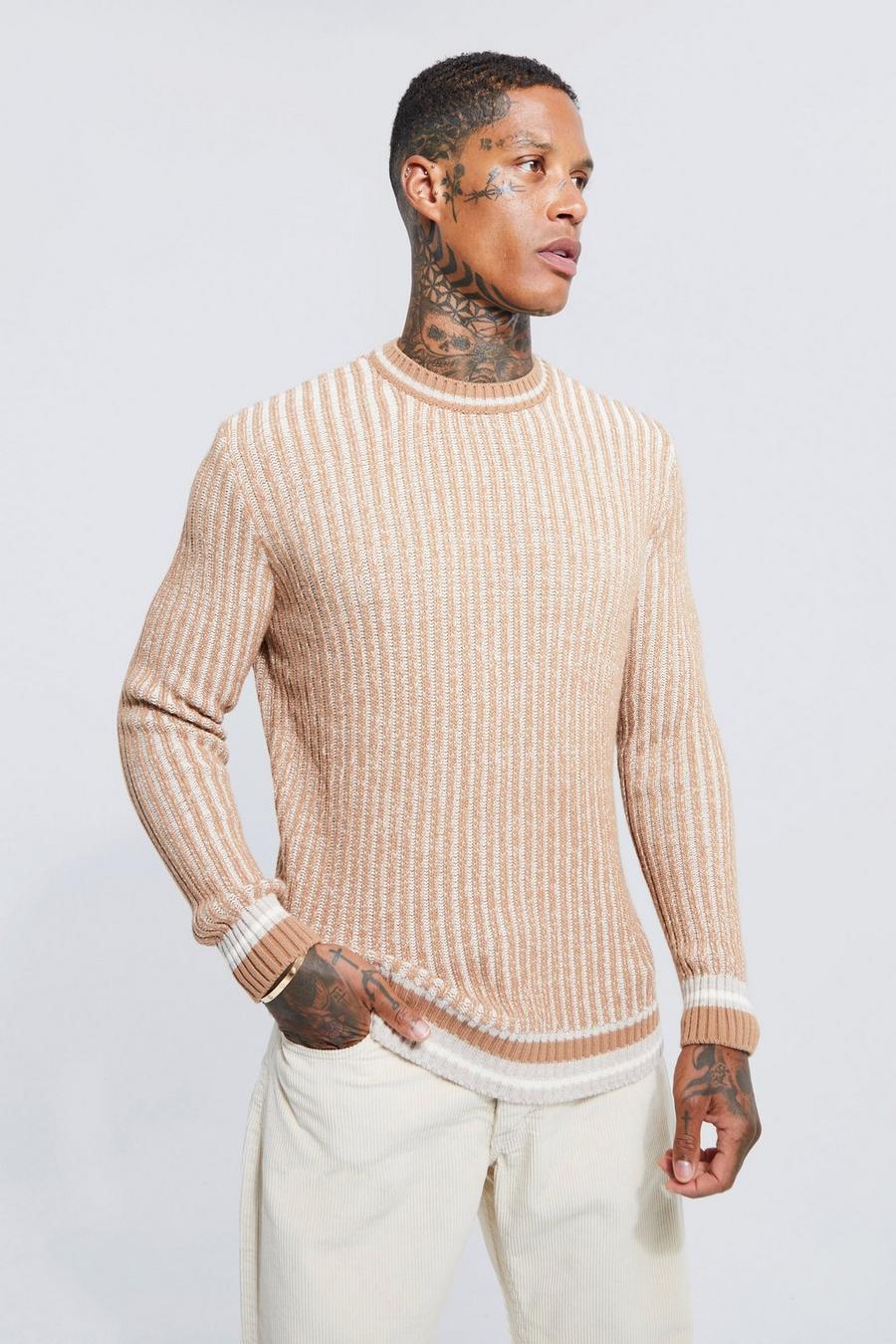 Taupe Crew Neck Sport Rib Ribbed Jumper image number 1