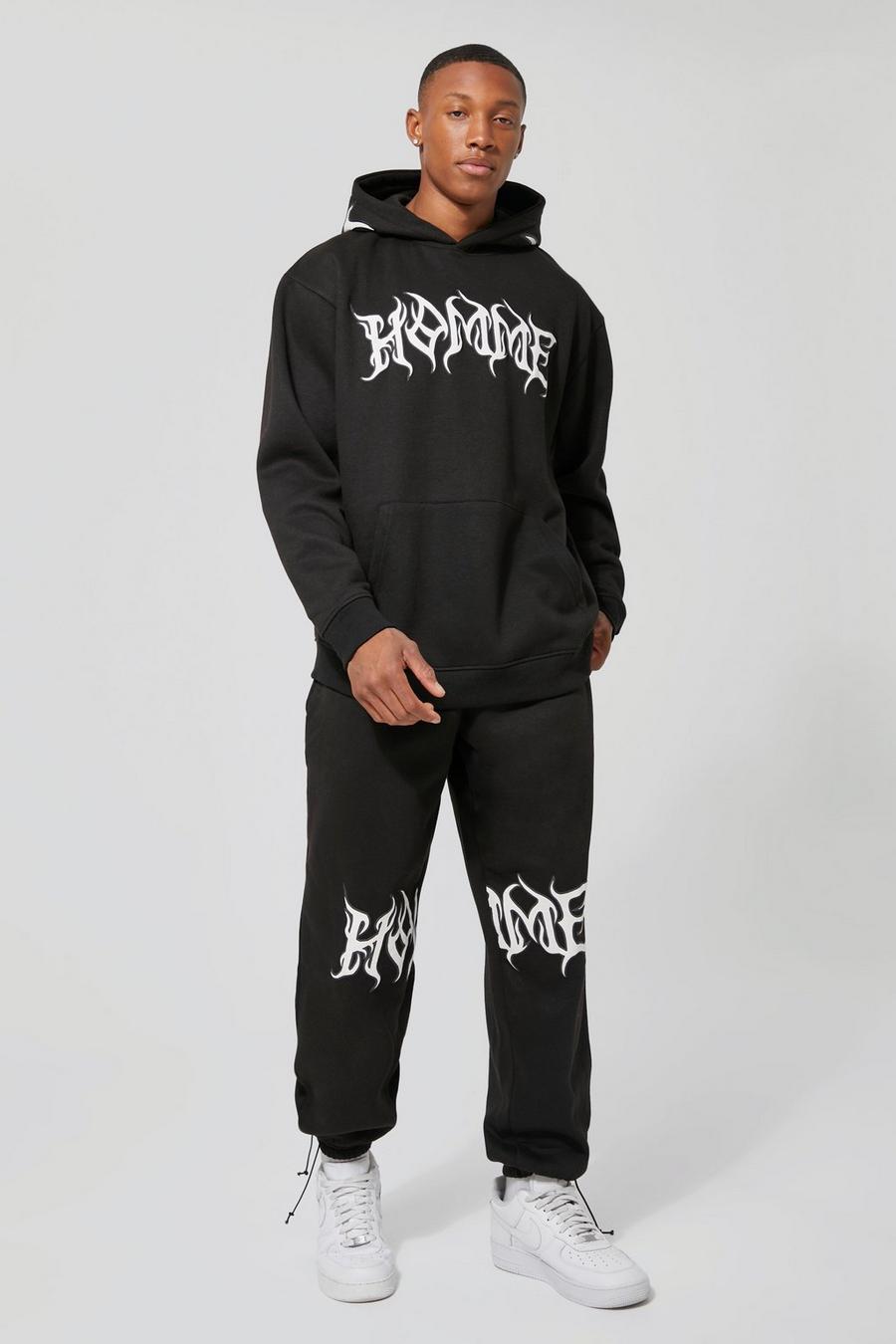 Black Oversized Homme Graphic Hooded Tracksuit
