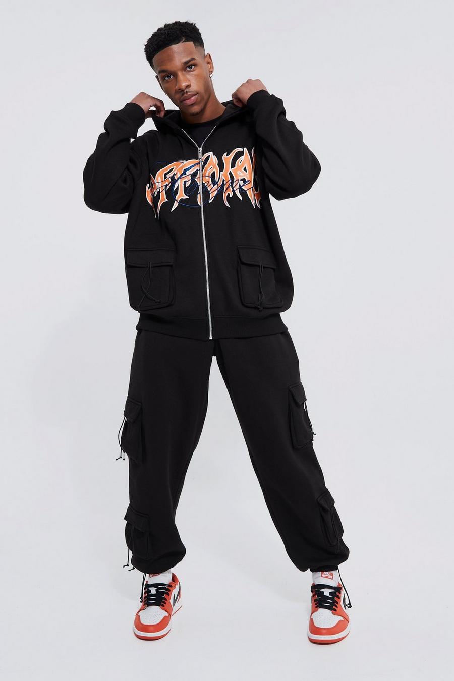 Black Oversized Official Graphic Zip Through Hooded Tracksuit image number 1