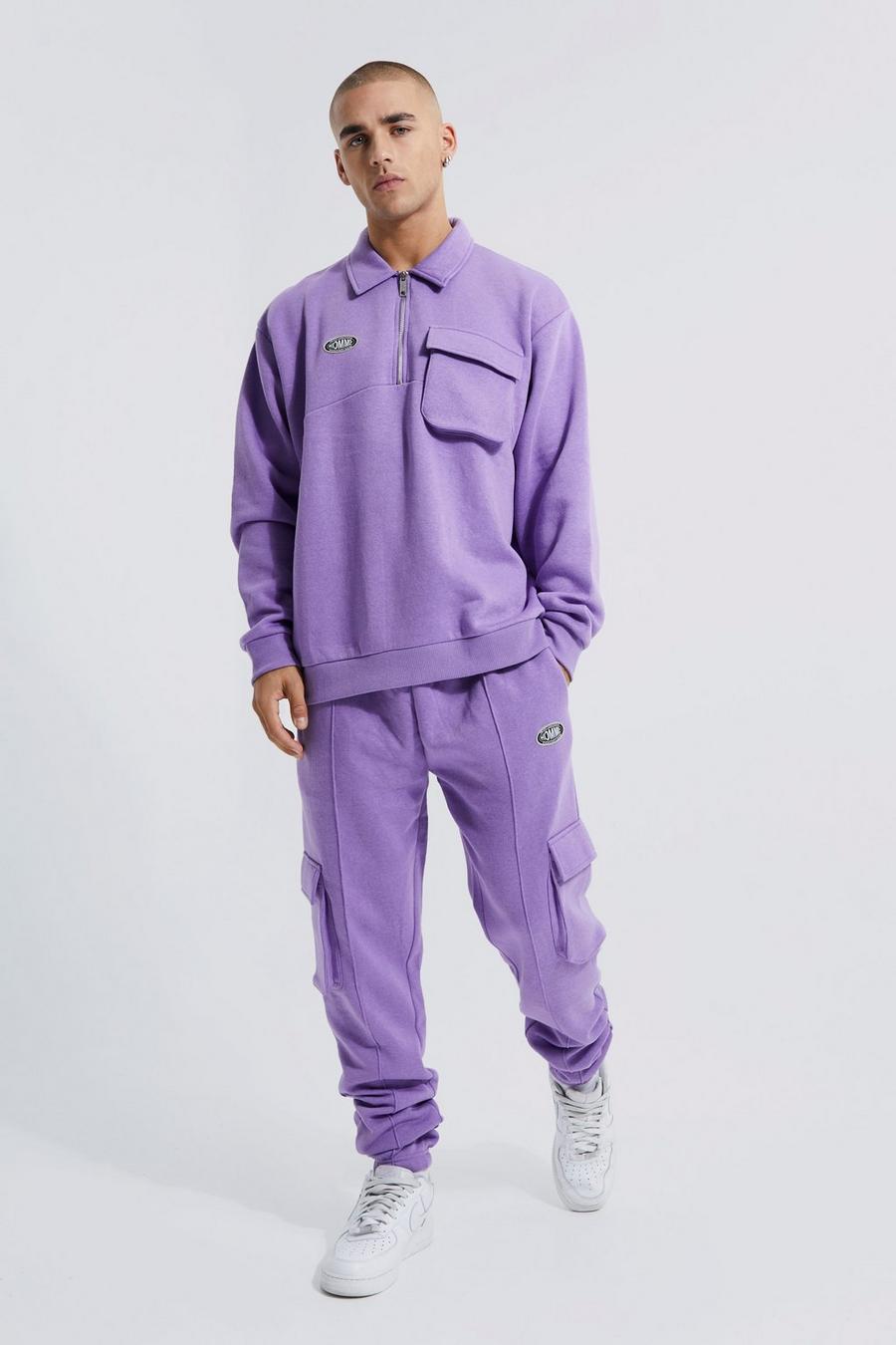 Purple Oversized Homme Cargo Sweatshirt Tracksuit image number 1