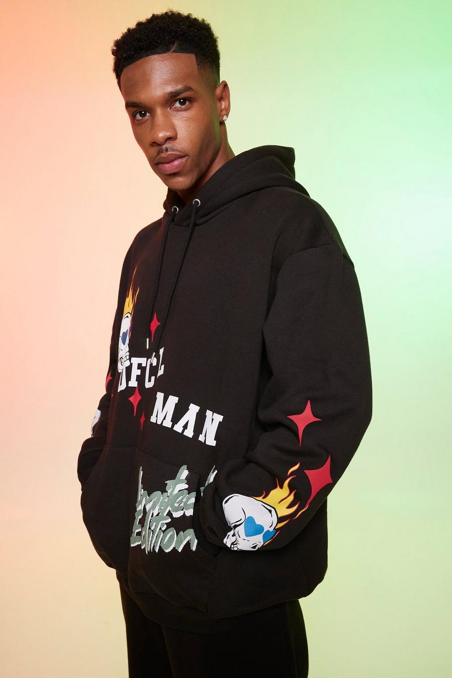 Black Oversized Ofcl Globe Graphic Hoodie image number 1