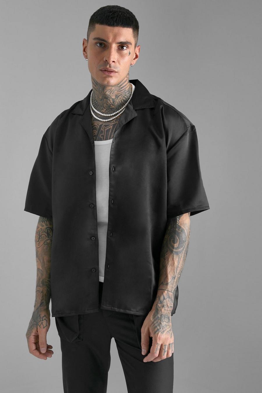 Black Short Sleeve Oversized Boxy Revere Satin Shirt