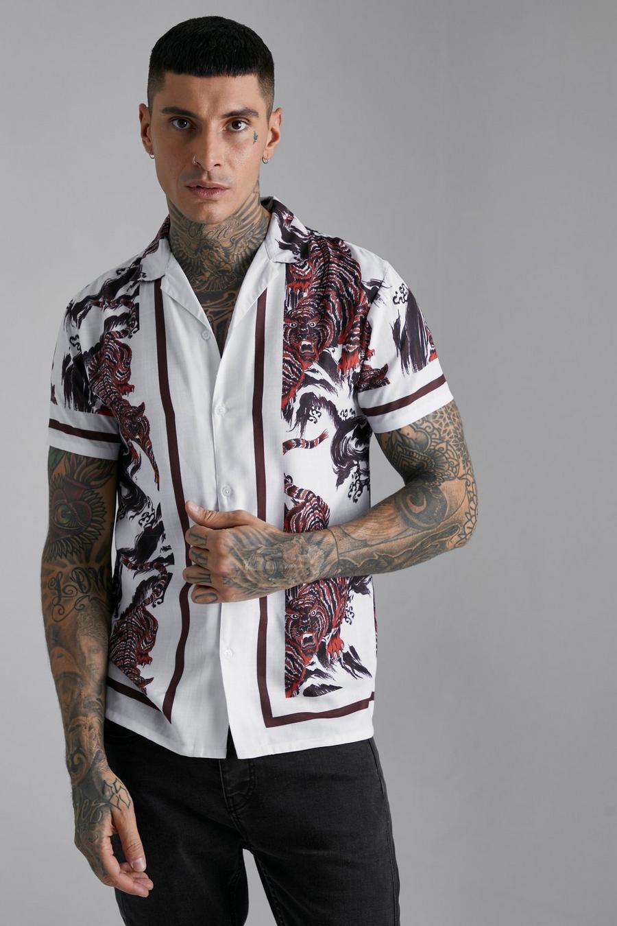 Ecru blanc Slub Tijgerprint Overhemd Met Textuur