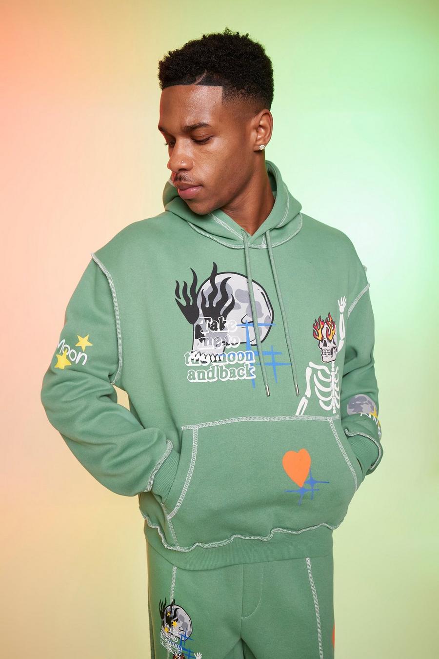 Green Oversized Boxy Moon Graphic Hoodie image number 1