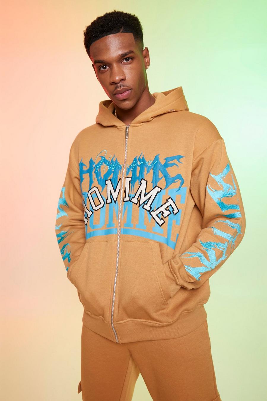 Tobacco Oversized Homme Graphic Zip Through Hoodie image number 1
