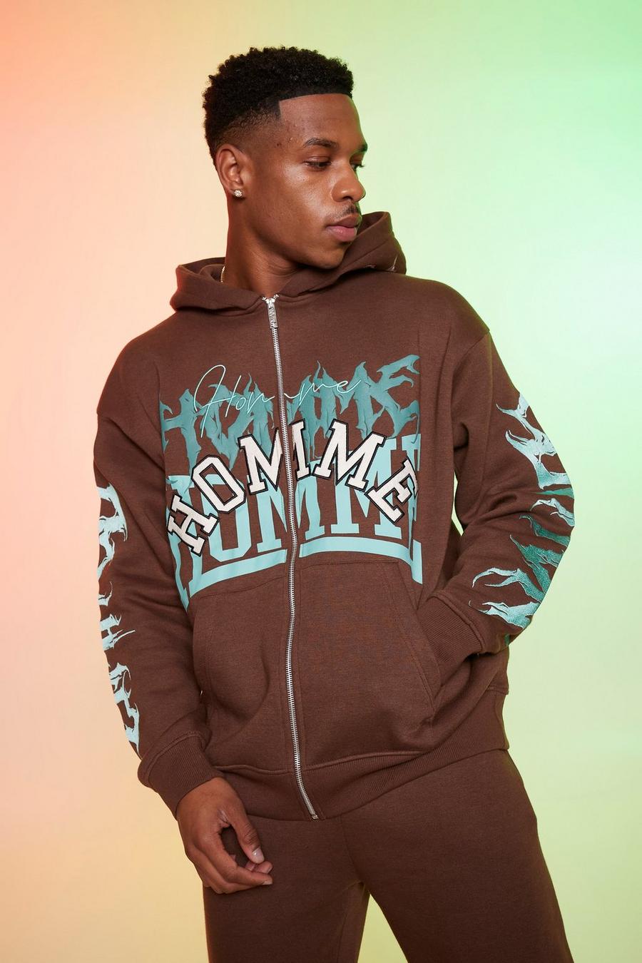 Chocolate Oversized Homme Graphic Zip Through Hoodie image number 1