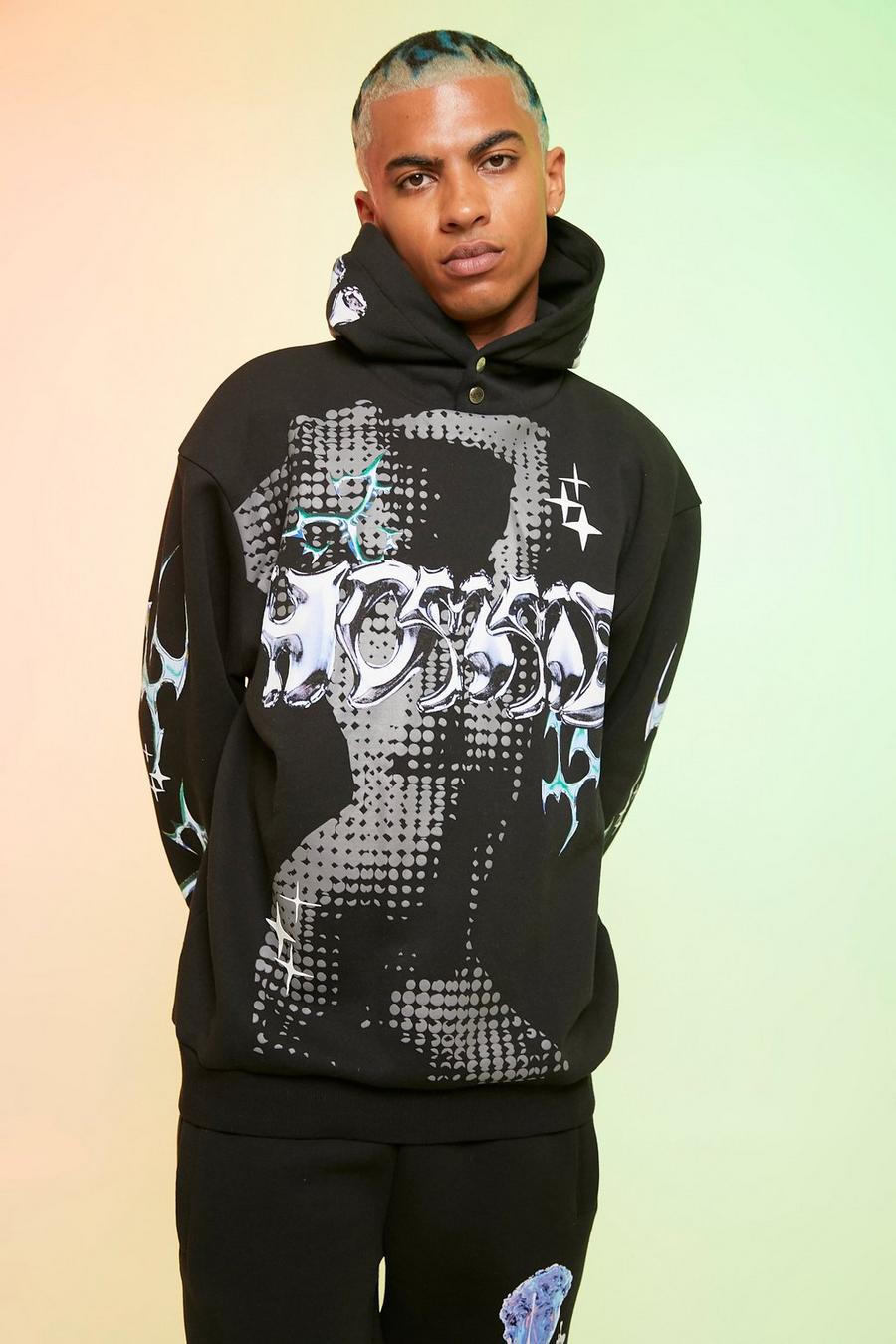 Black Oversized Homme Graphic Hoodie image number 1
