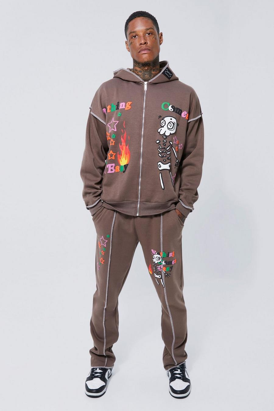 Chocolate Oversized Graphic Zip Through Hooded Tracksuit image number 1