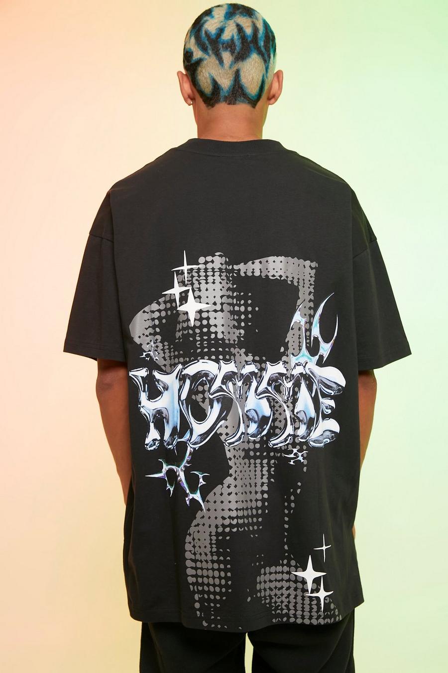 Black Oversized Extended Neck Homme Graphic T-shirt image number 1