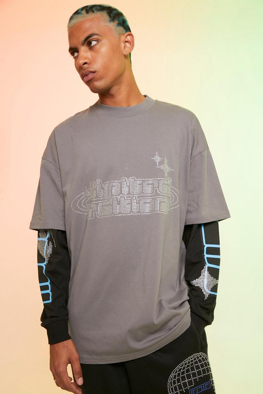 Charcoal grey Oversized Rhinestone Faux Layer T-shirt