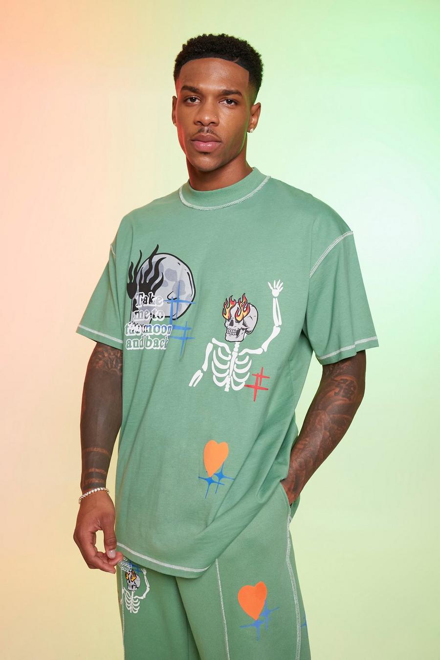 Green Oversized Extended Neck Moon Graphic T-shirt image number 1