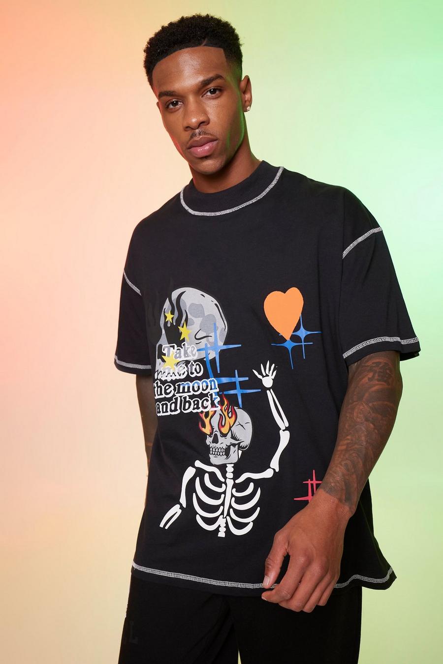 Black Oversized Extended Neck Moon Graphic T-shirt image number 1