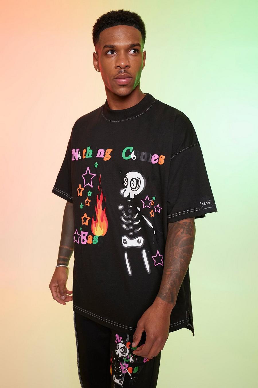 T-shirt oversize à imprimé squelette, Black image number 1