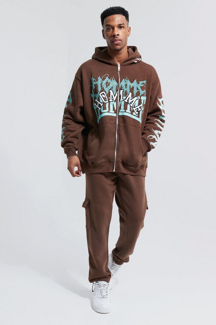 Chocolate Oversized Homme Graphic Zip Through Tracksuit image number 1