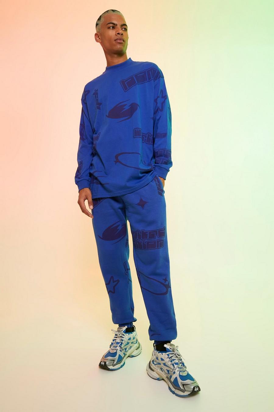 Chándal oversize con camiseta y estampado gráfico, Cobalt azul image number 1