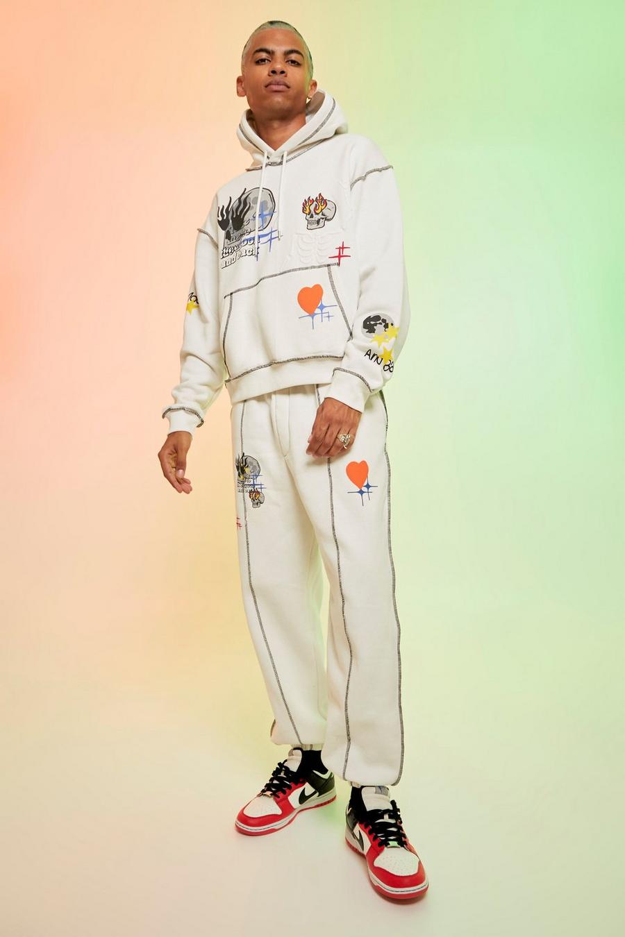 Ecru white Oversized Moon Graphic Hooded Tracksuit