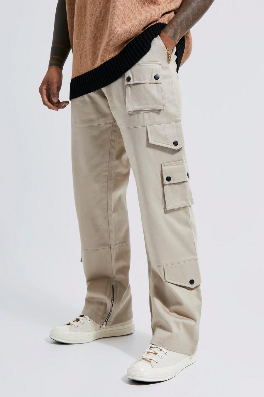 Pantalon ample en twill style cargo à poches, Stone beige