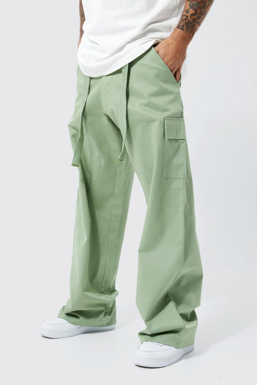 Pantalón cargo de pernera ancha con cinturón, Khaki image number 1