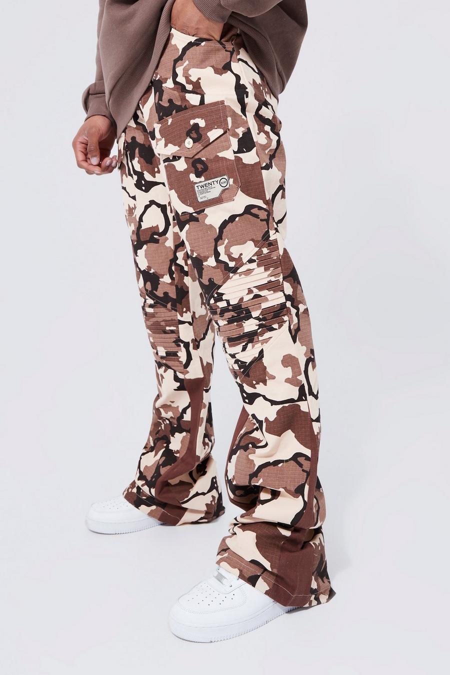 Pantalon droit à imprimé camouflage, Stone beige