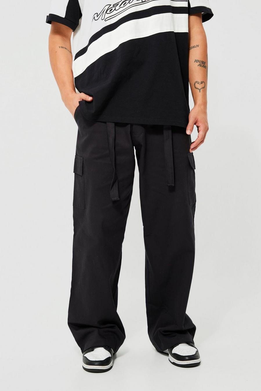 Black Fixed Waist Wide Fit Twill Belt Cargo Trouser image number 1