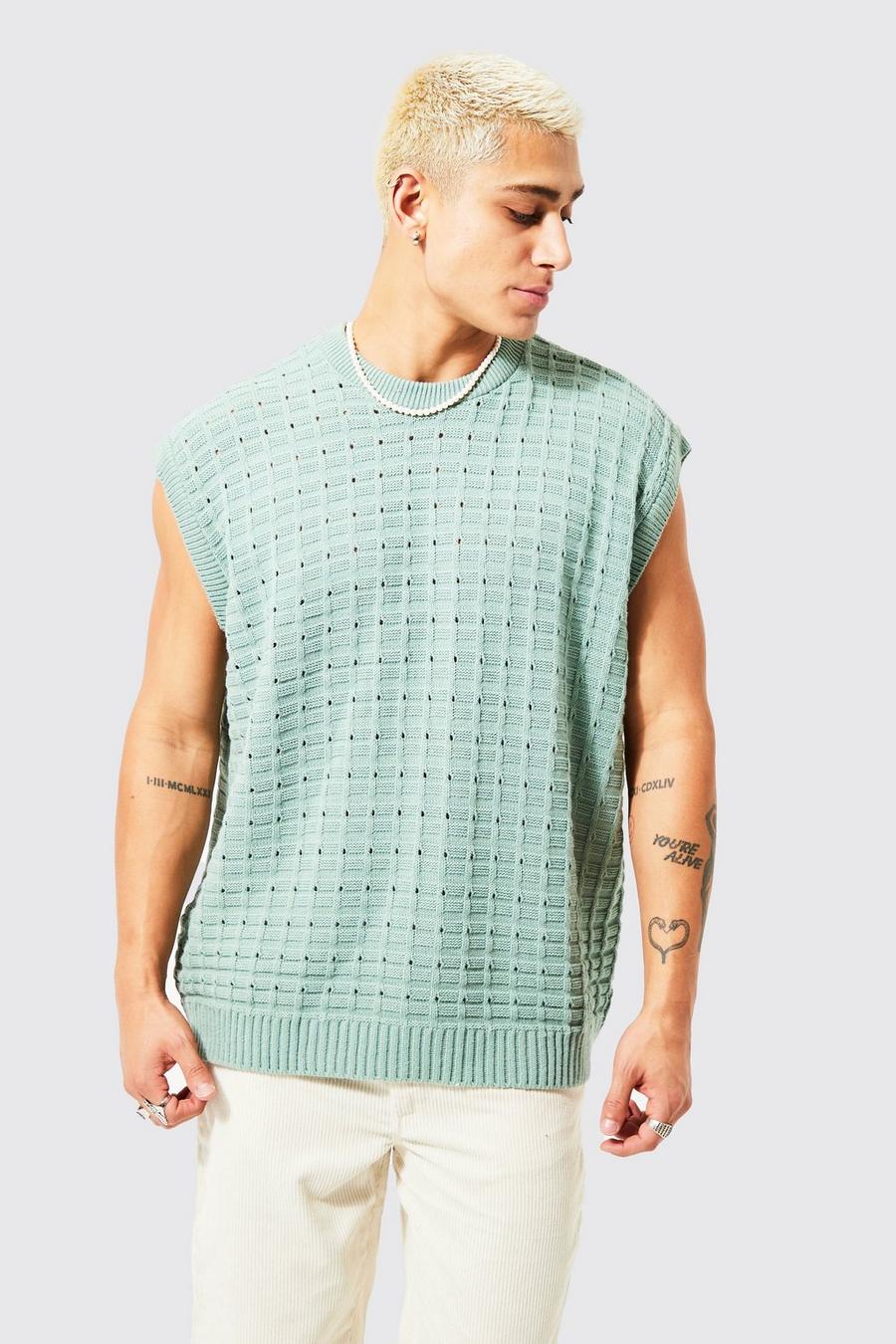 Sage Oversized Open Stitch Knitted Vest  image number 1
