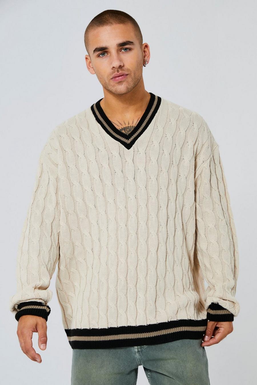 Pullover in maglia intrecciata con scollo a V a contrasto, Ecru image number 1