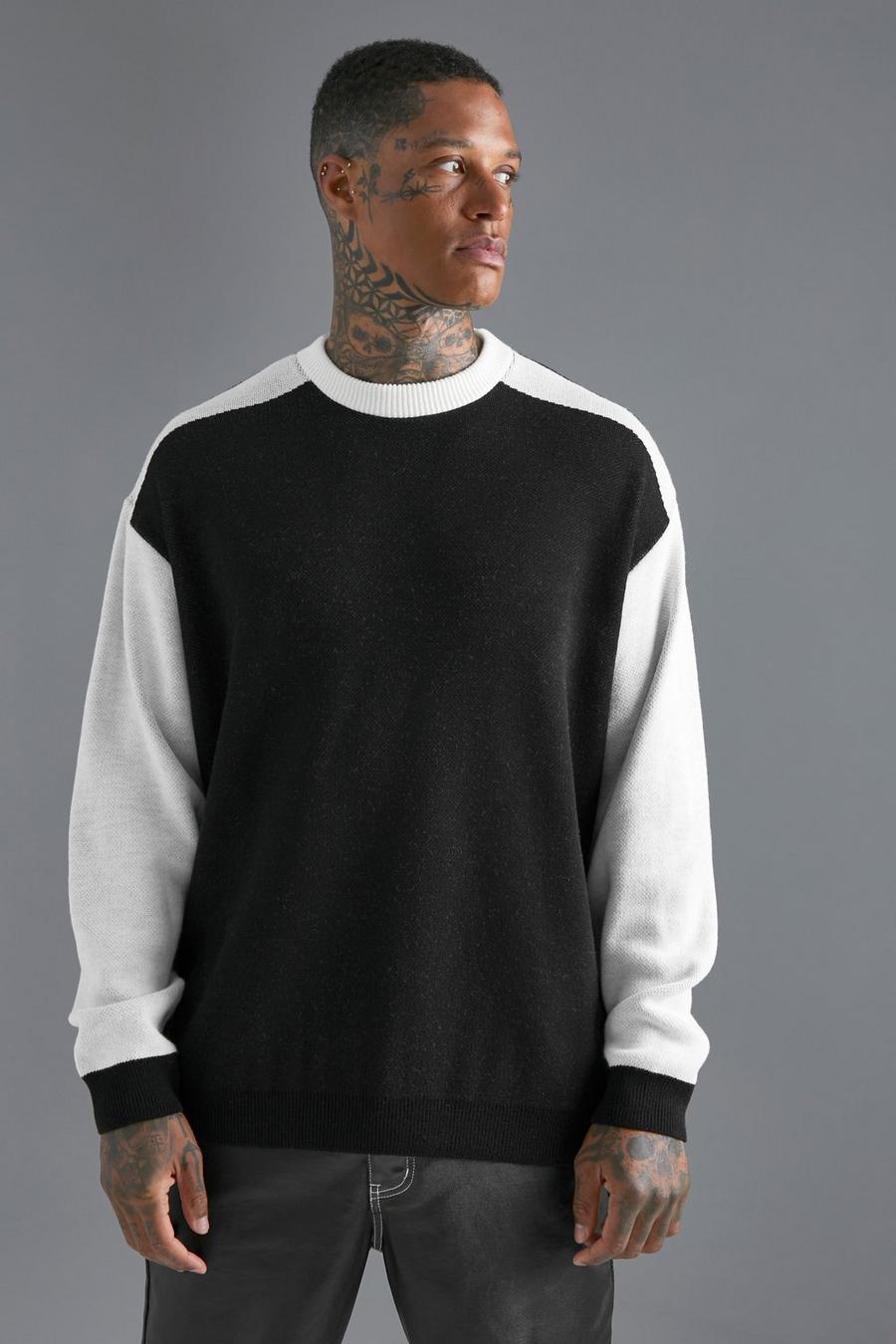 Black Oversized Colourblock Placement Knitted Jumper image number 1
