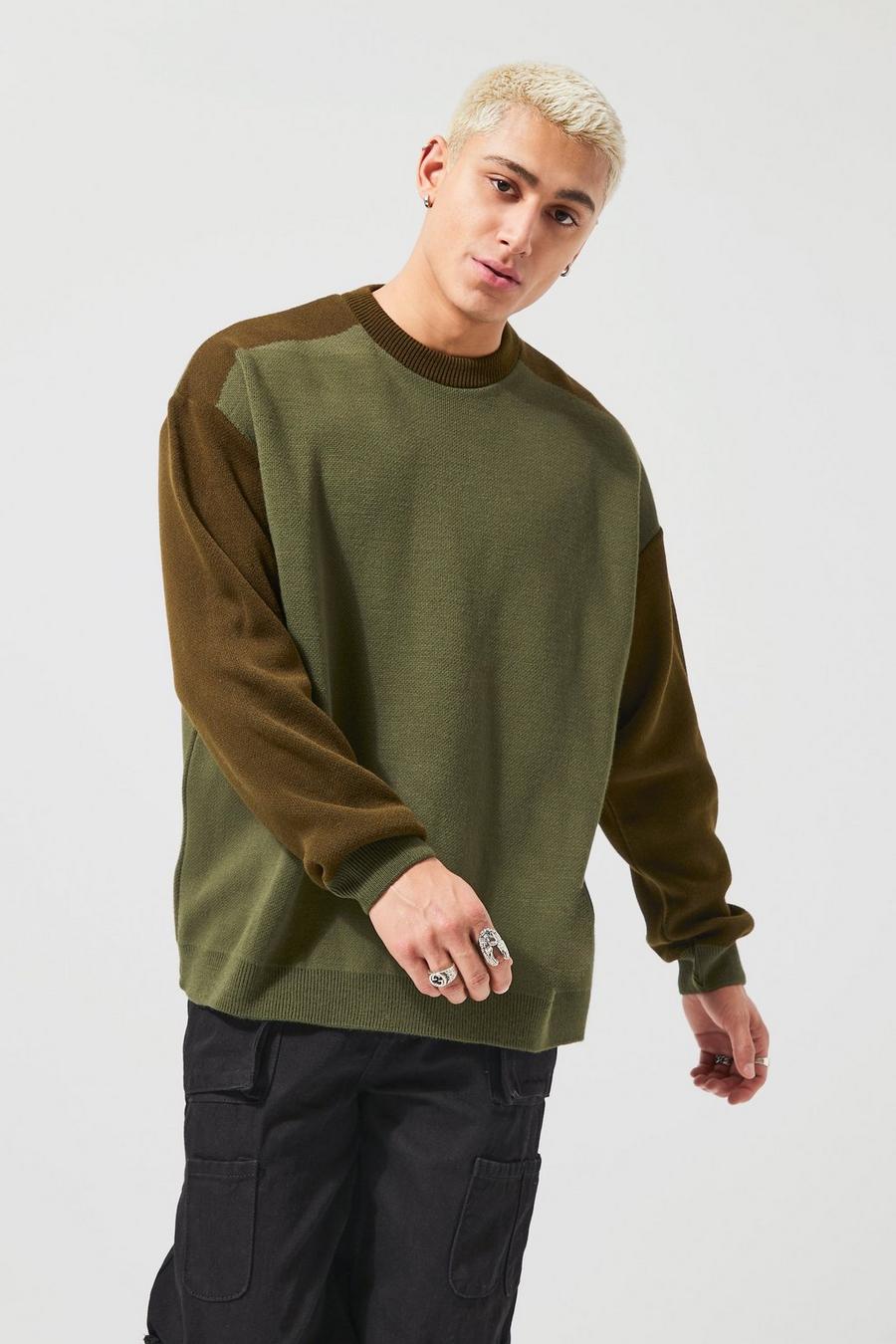 Olive vert Oversized Colourblock Placement Knitted Jumper image number 1