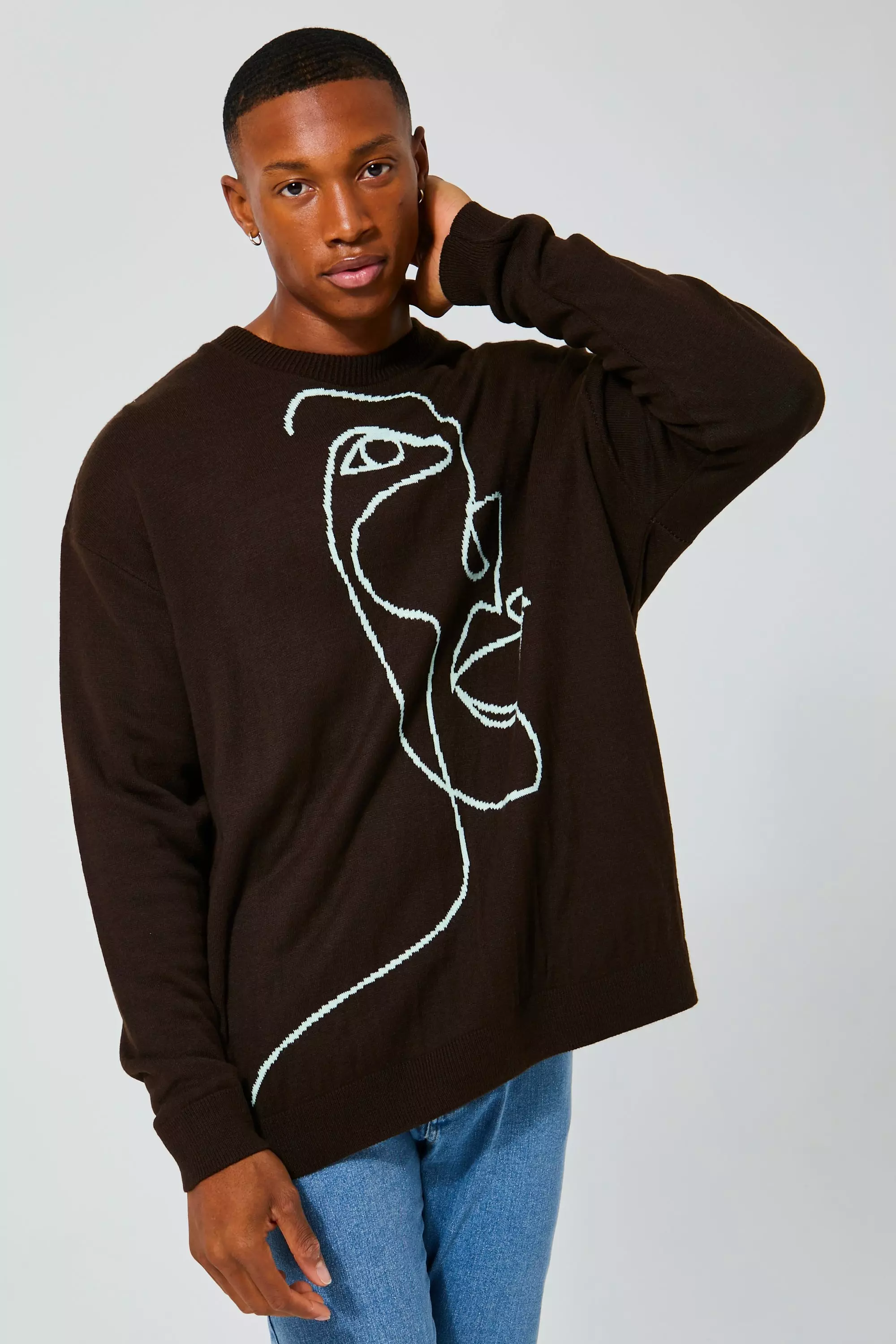 Chocolate Oversized Scribble Face Knitted Jumper alternative image