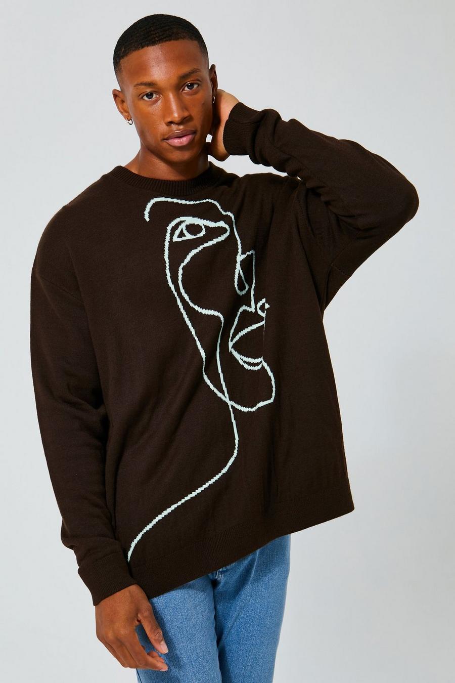 Chocolate Oversized Scribble Face Knitted Jumper image number 1