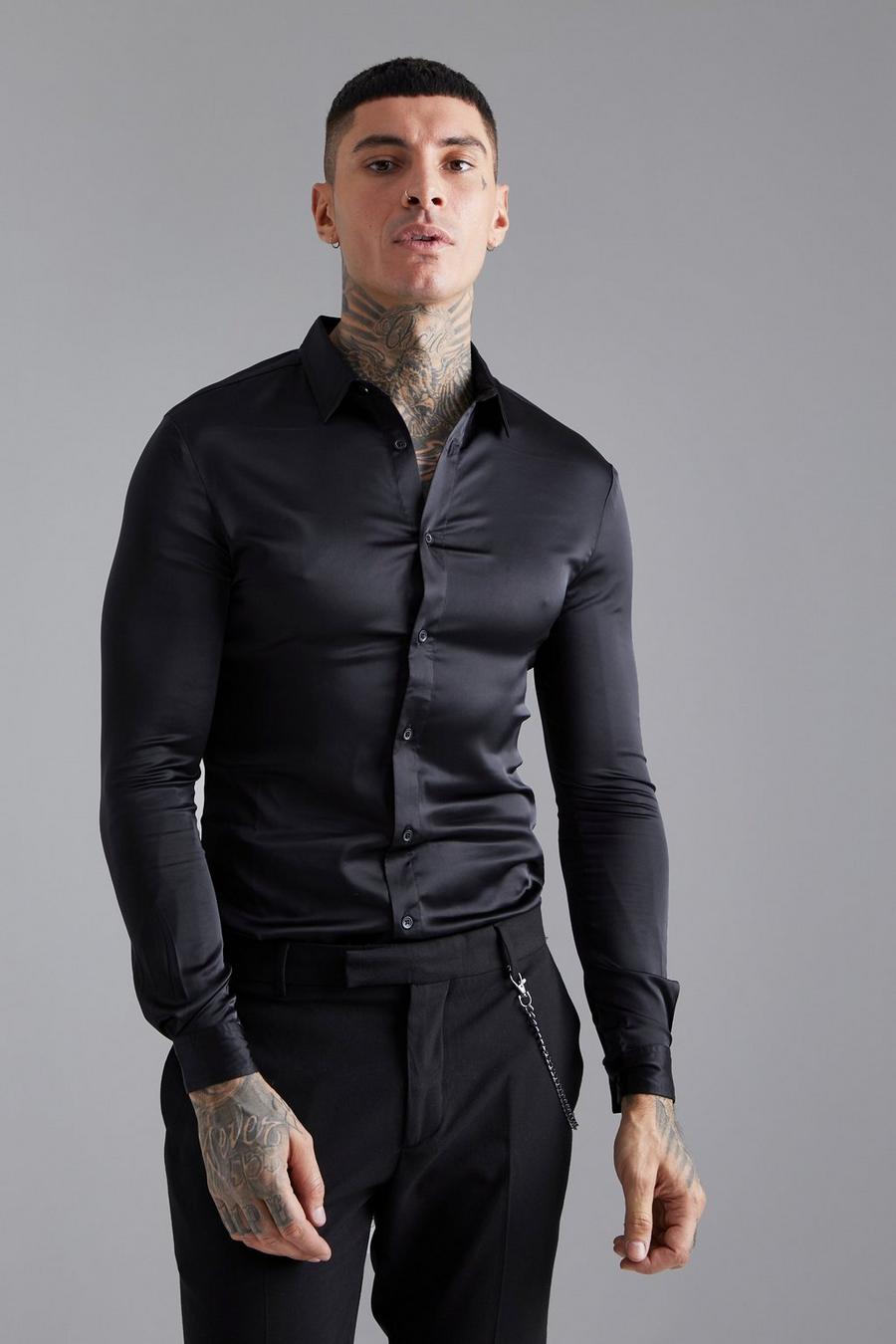 Black Long Sleeve Muscle Satin Shirt image number 1