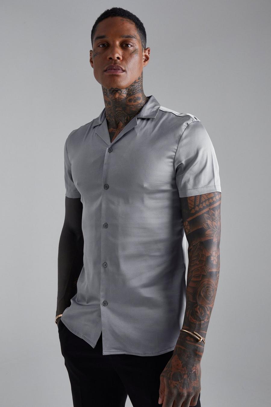 Camisa de manga corta de raso ajustada al músculo, Grey image number 1