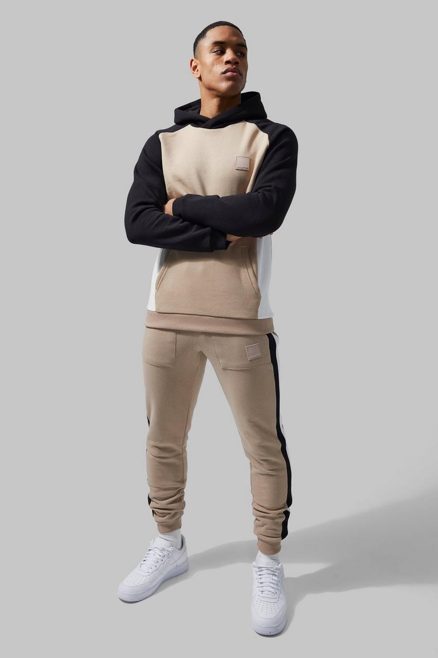 Taupe Man Active Colour Block Hooded Tracksuit image number 1