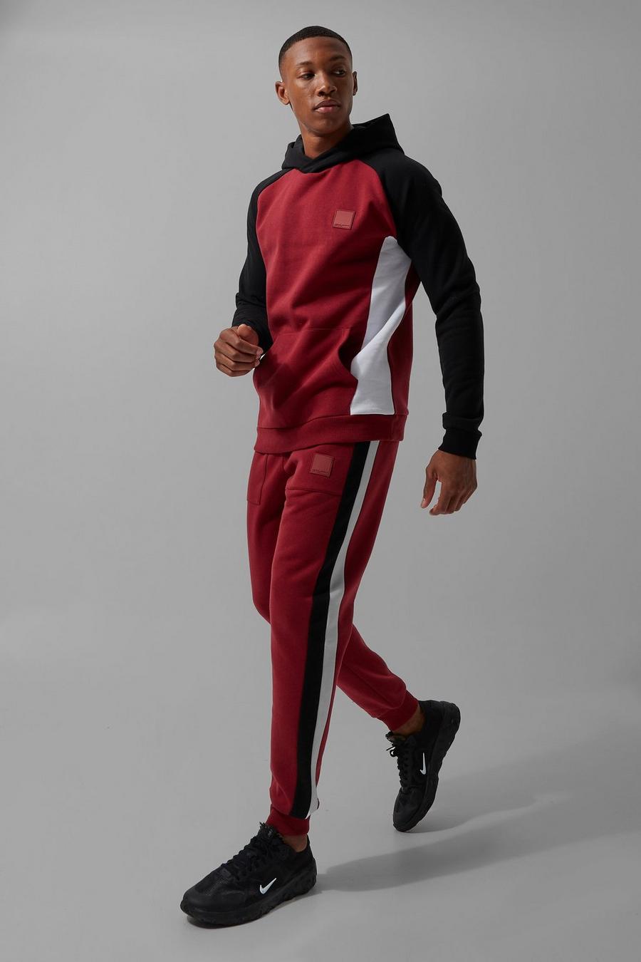 Dark red Man Active Colour Block Hooded Tracksuit image number 1