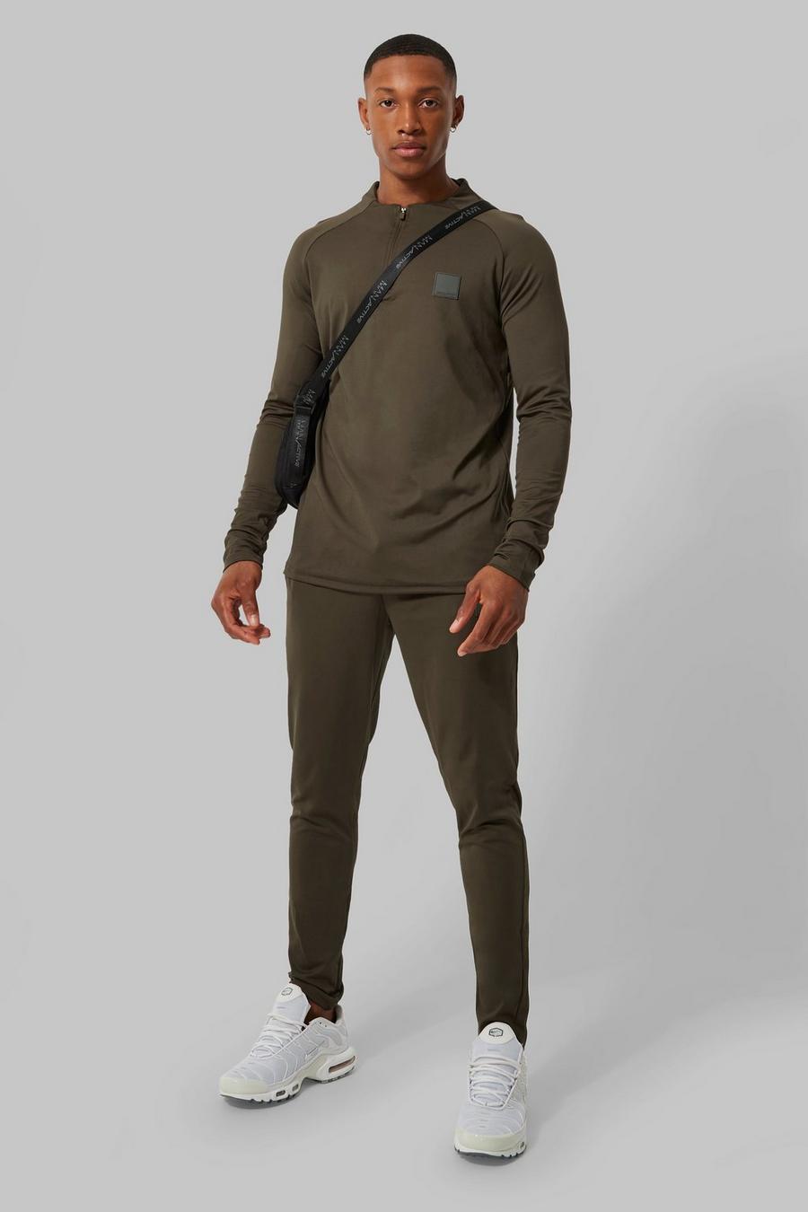 Man Active Skinny Rundhals-Trainingsanzug mit 1/4 Reißverschluss, Khaki image number 1