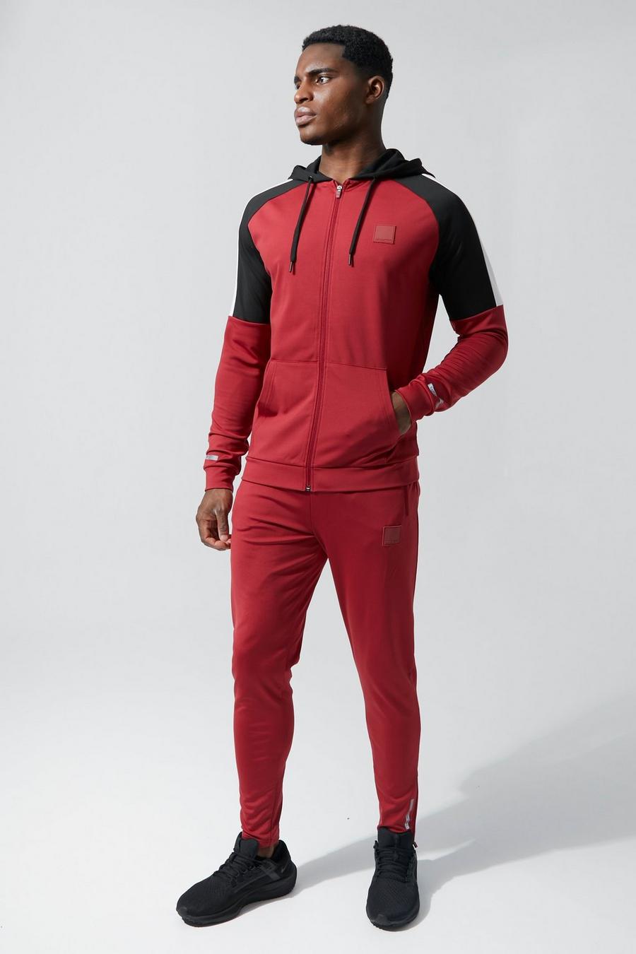 Dark red MAN Active Tvåfärgad träningsoverall med huva image number 1