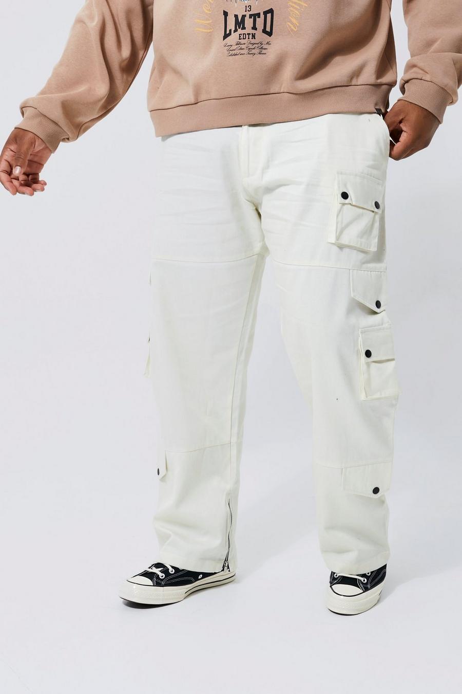 Ecru Plus Relaxed Fit Elastic Waist Cargo Trouser  image number 1