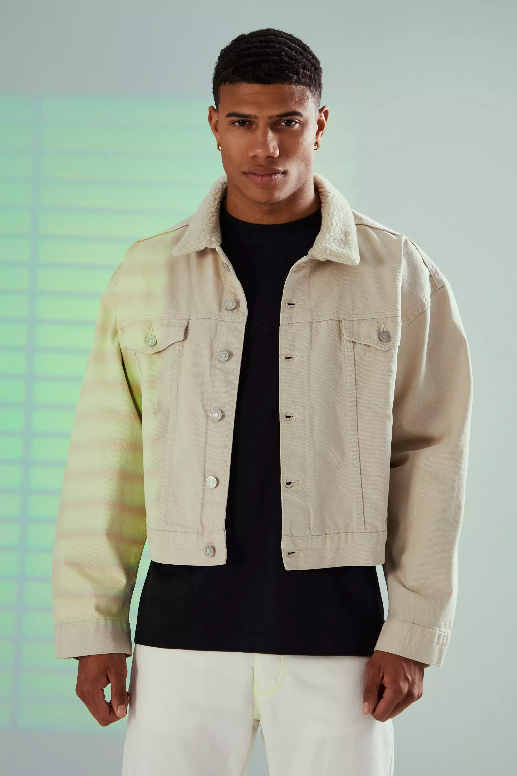 Stone Overdyed Boxy Denim Jacket With Borg Collar alternative image