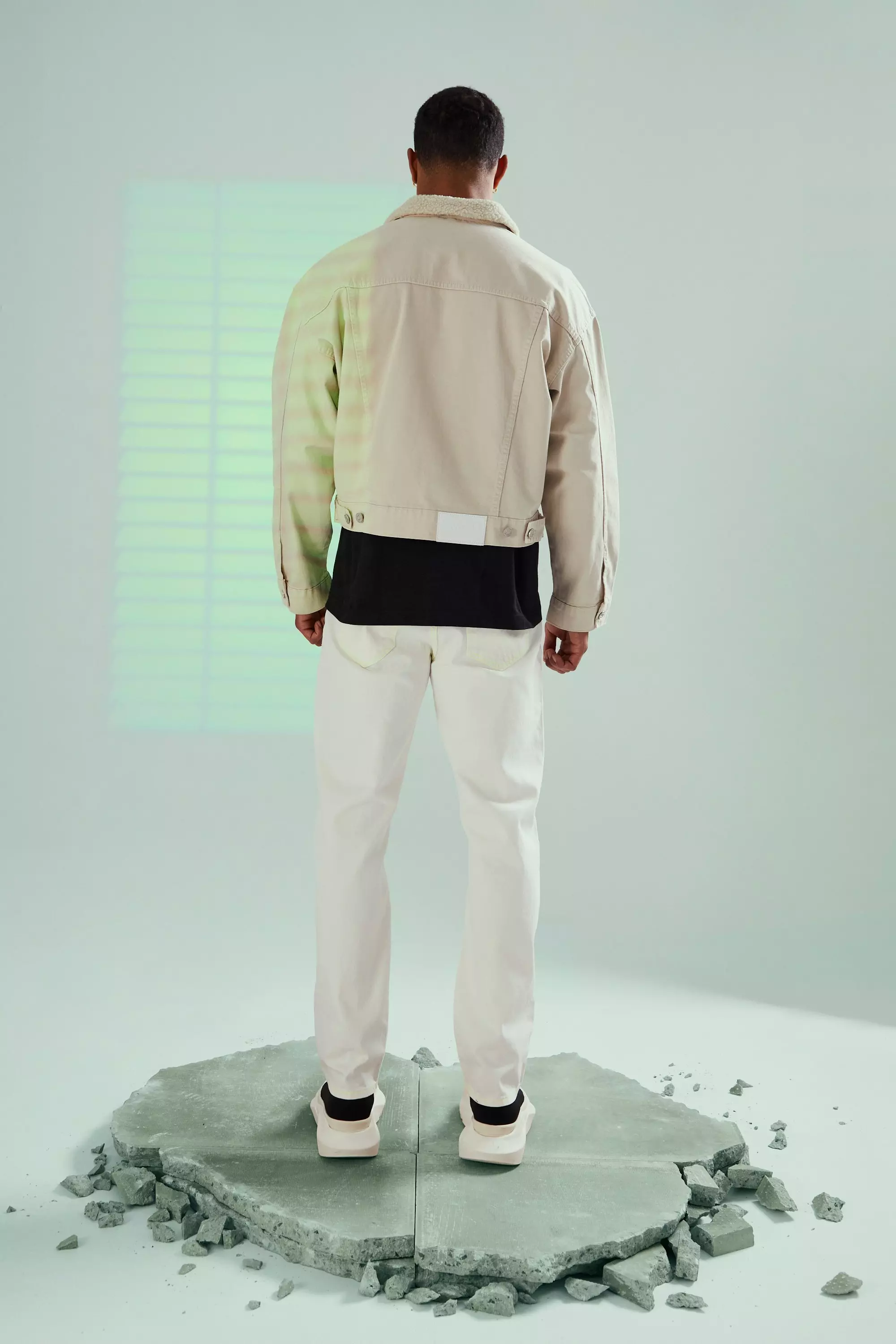 Stone Overdyed Boxy Denim Jacket With Borg Collar alternative image