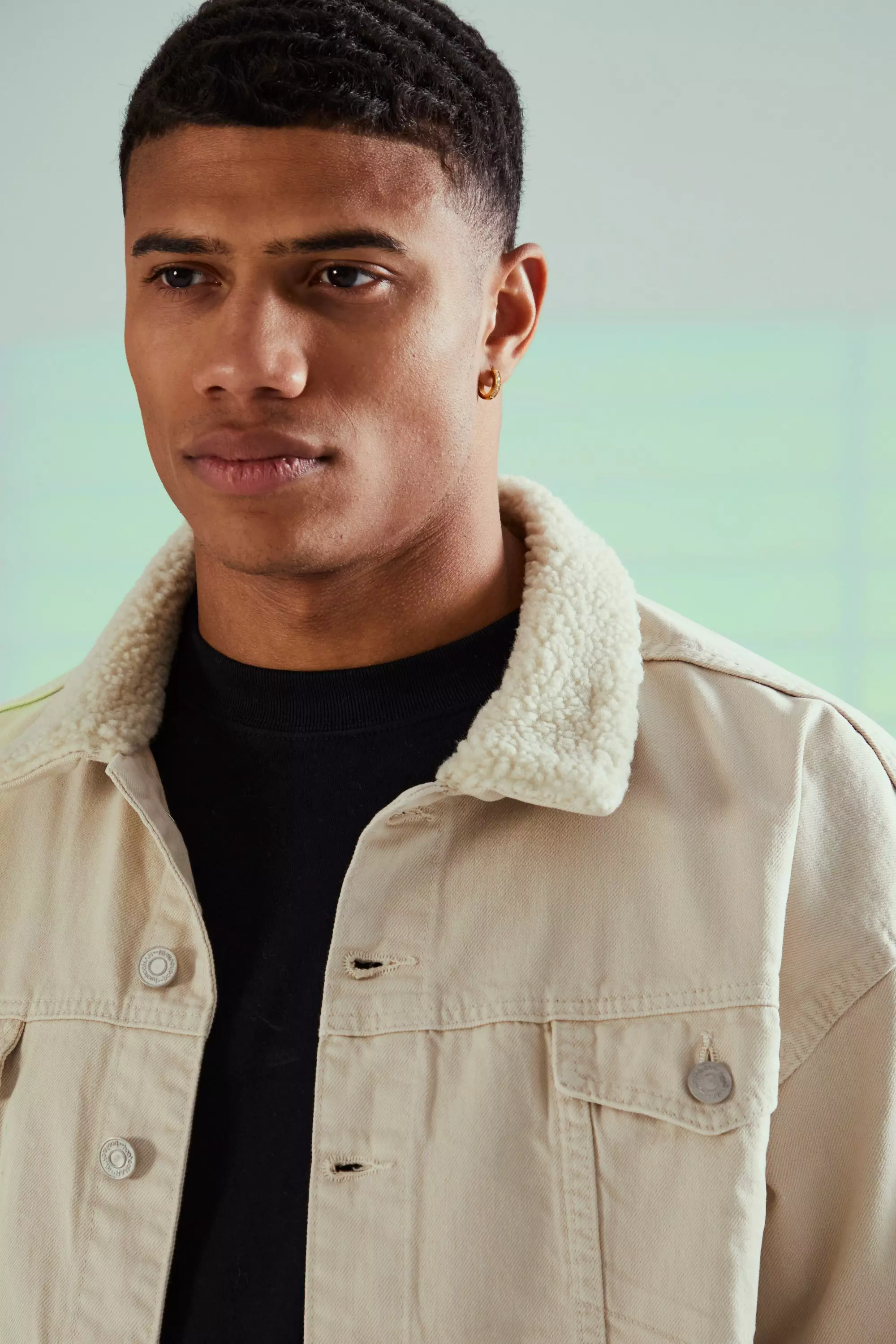 Stone Overdyed Boxy Denim Jacket With Borg Collar alternative image