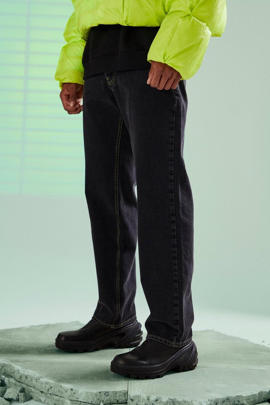 Washed black Relaxed Fit Jeans With Lime Stitch Detail image number 1
