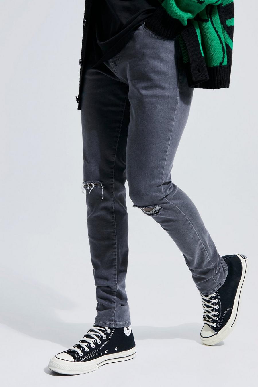 Dark grey grau Stretch Skinny Jeans Met Gescheurde Knieën