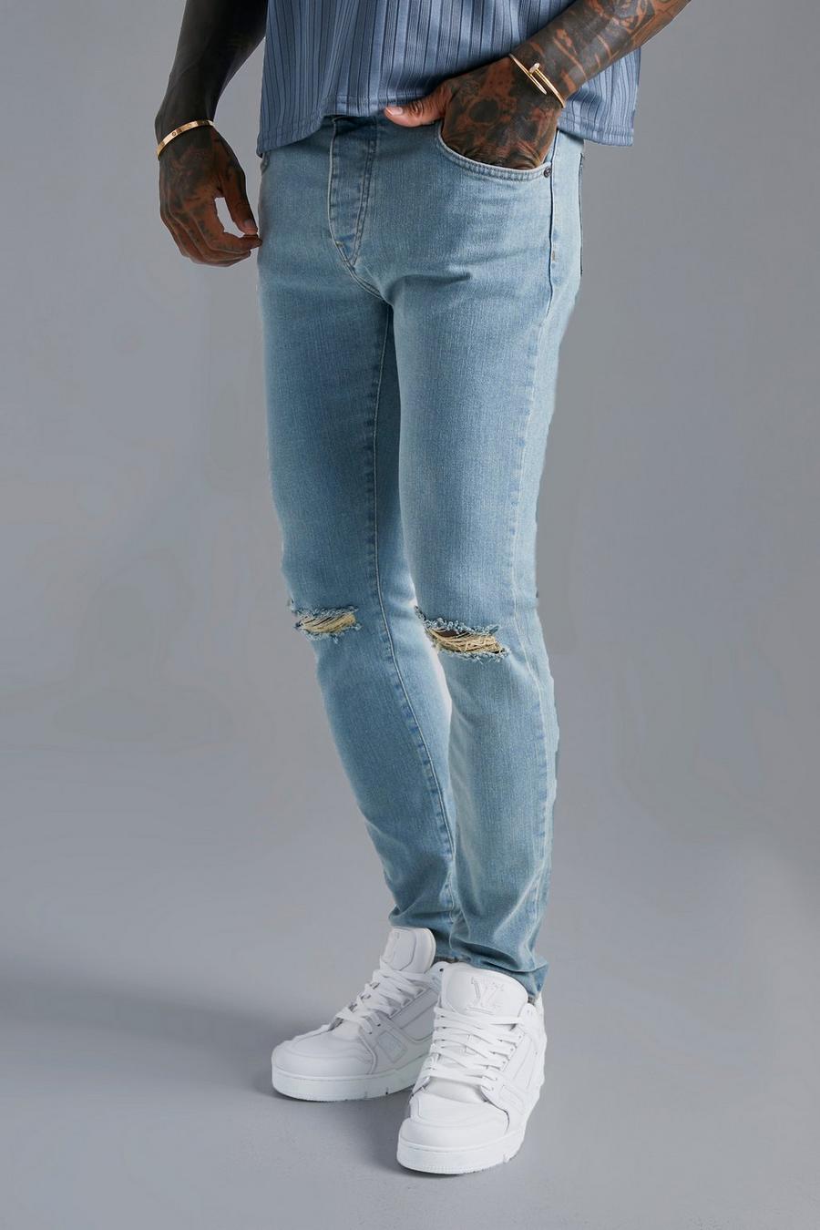 Antique wash blue Skinny Stretch Jeans With Slash Knee  
