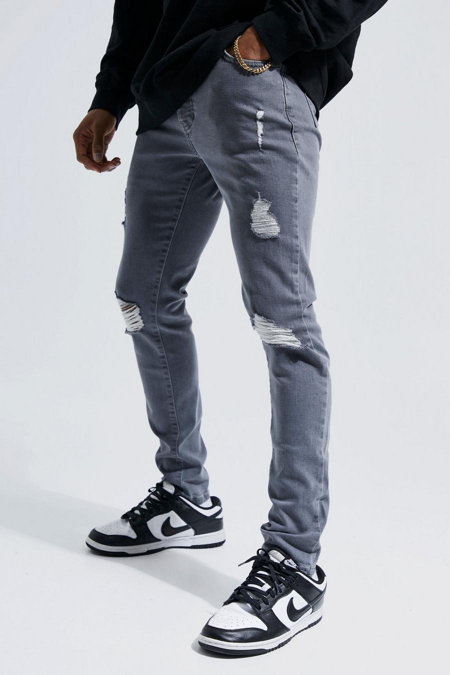 Mid grey Skinny Stretch Exploded Knee Ripped Jeans 