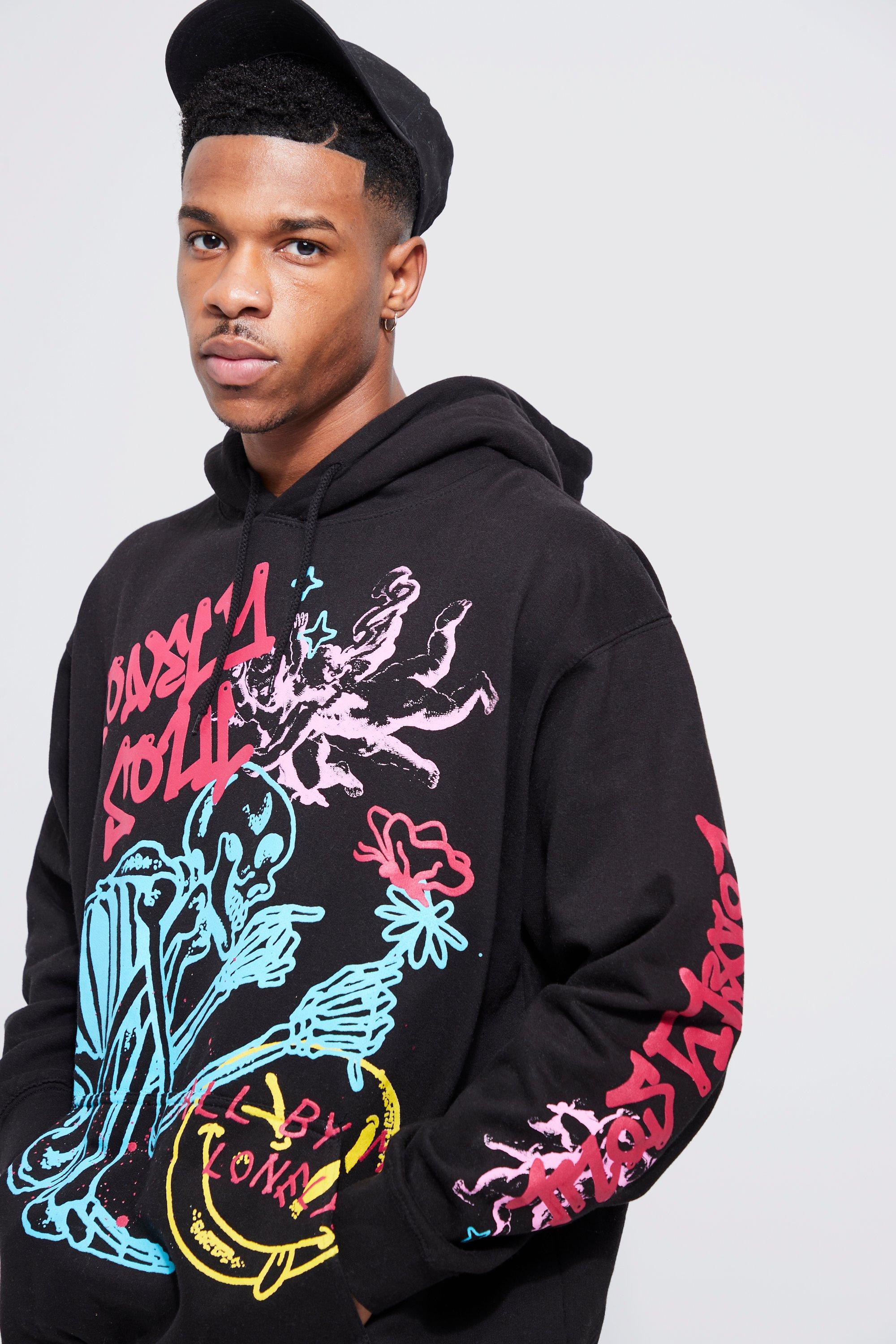 Mens Plus Oversized All Over Graffiti Ear Hoodie - Red - Big & Tall