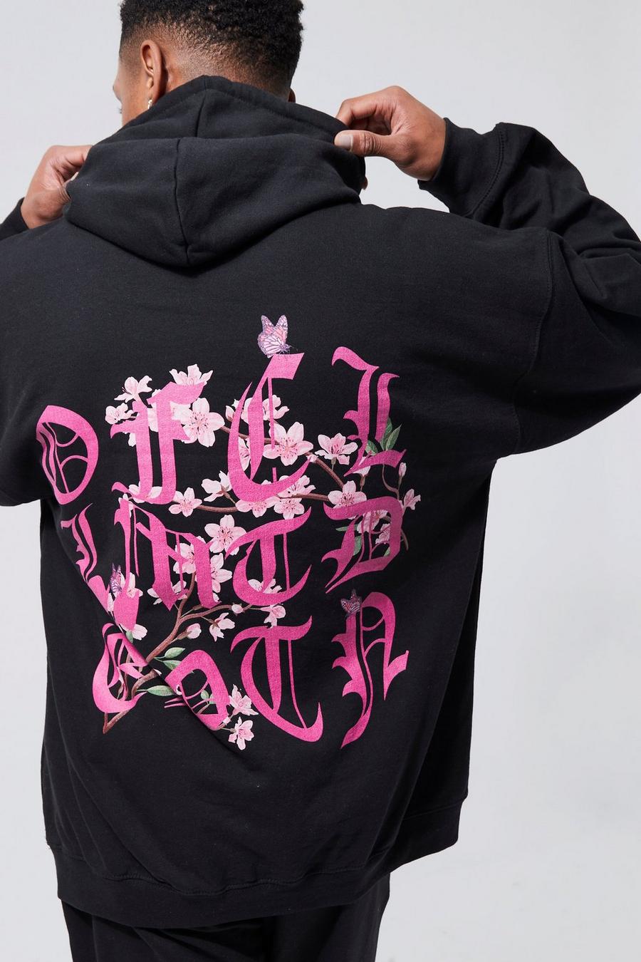 Black Oversized Floral Graphic Hoodie image number 1